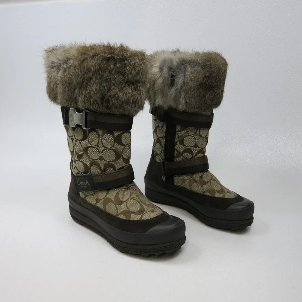 Coach Signature Mariette Fur Trim Canvas Boots Size 5.5 M - Picture 2 of 9